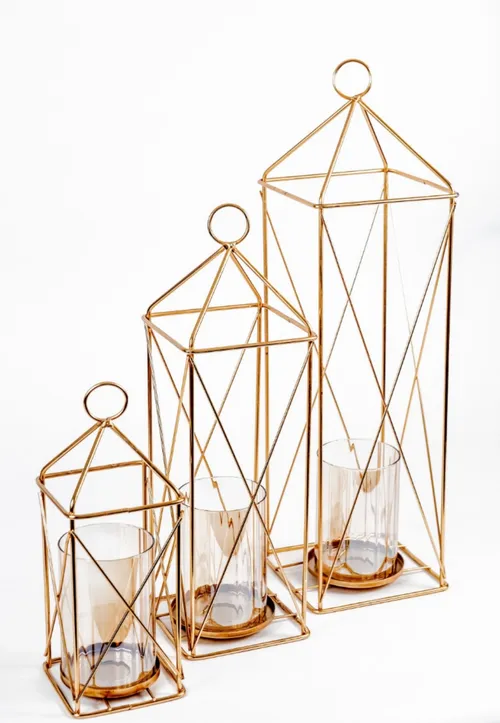 TABLESCAPE: gold metal lanterns.  Set of 3 (max 4 sets)