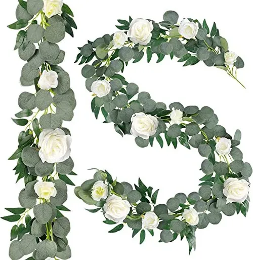 GREENERY: 6' Eucalyptus with pointed leaves + white roses.