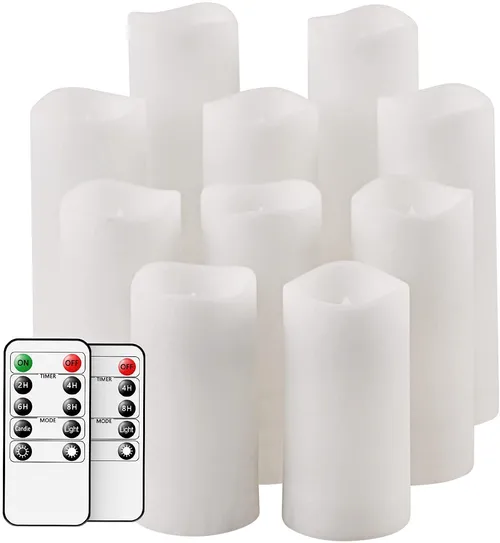 LED: WHITE FLAMELESS PILLARS CANDLES set of 10. [black+white collection]