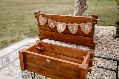 CARD BOX: Large wood box with banner