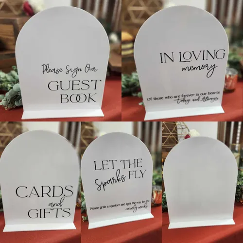 SIGN BUNDLE: white arched acrylic signs. 5 in set.