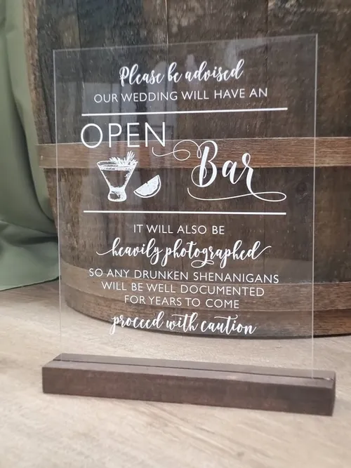 SIGN: open bar acrylic sign with wood base
