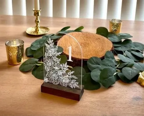 TABLE NUMBERS: Flowers on arched acrylic with wood base set 1-20