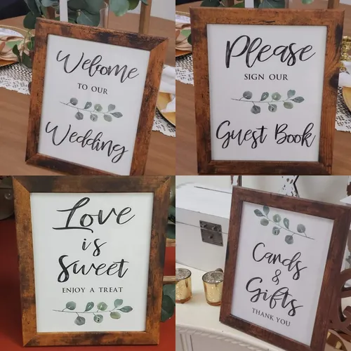 SIGN BUNDLE: eucalytus theme wood frame, welcome, guestbook, gifts, sweet,  SET OF 4