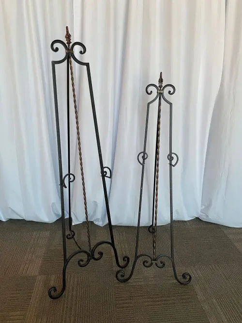 EASEL: Black metal ornate floor easel, CHOOSE SIZE