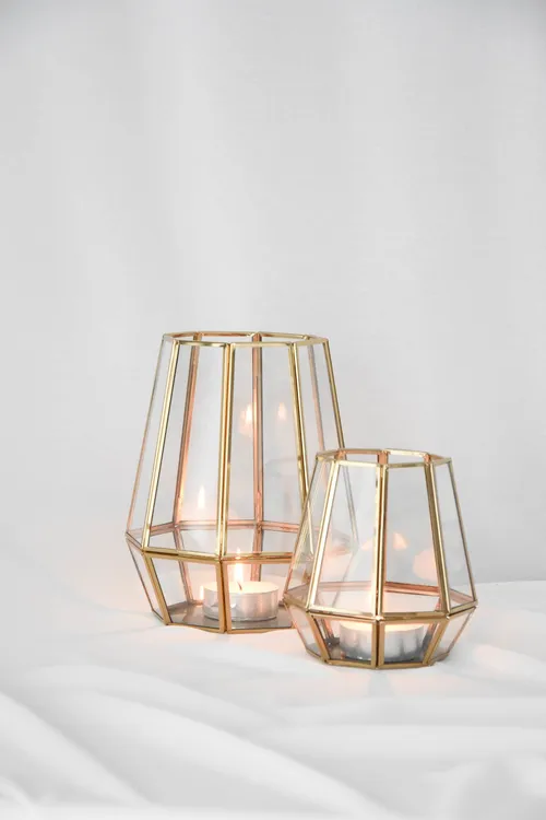 Hexagon windlicht goud - M