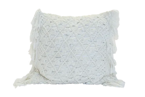 Large White Macrame Pillow w/ Fringe