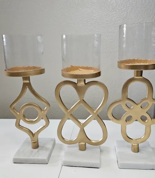 Gold metal glass pillar candle holder with marble base