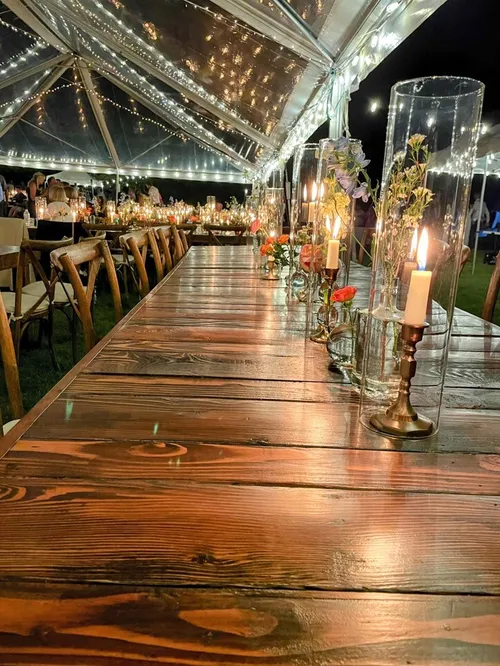 Bundle: rent 5 Farm Tables, 60 white folding chairs, and receive FREE Delivery and Setup!