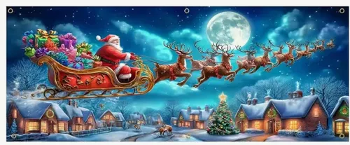 Santa on Sleigh with Reindeers Banner Backdrop 