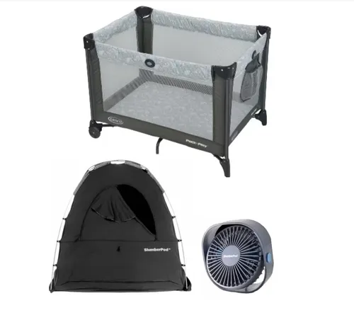 SlumberPod and Graco Pack n' Play (sheets and fan included)
