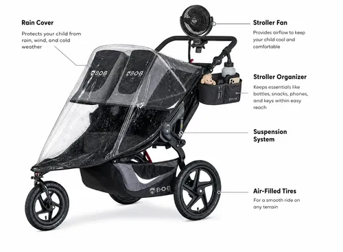 Double BOB Jogging Stroller + Fan + Rain Cover + Stroller Organizer 