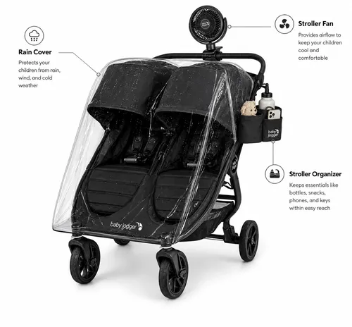 Double Baby Jogger Citi Mini Stroller + Fan + Rain Cover + Stroller Organizer 