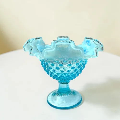 Blue Opalescent Hobnail Footed Compote