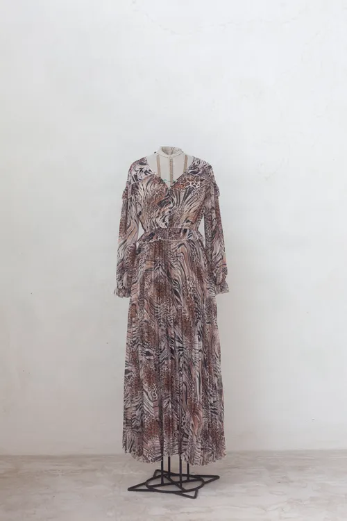 Pleated Maxi Dress with Animal Print