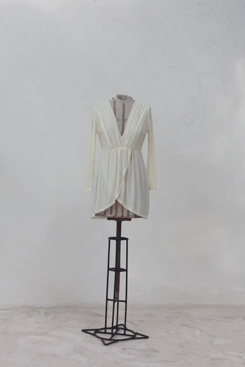 Short Cream  Dress with V-Neck