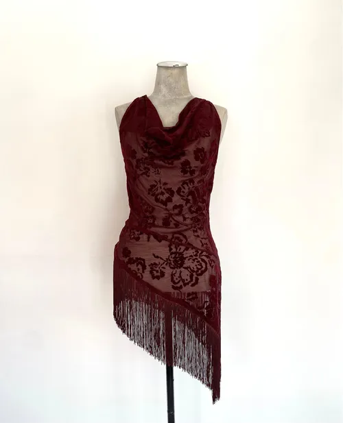Asymmetrical Burgundy Velvet Top with Flowers & Fringes