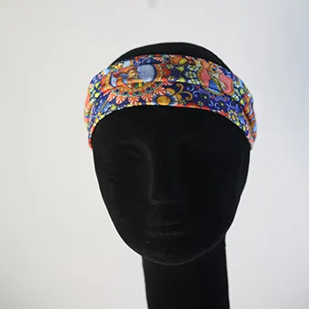  Head Band with Blue, Red and Gold Print
