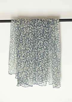 Sheer Navy Scarf with  White Leaves Pattern