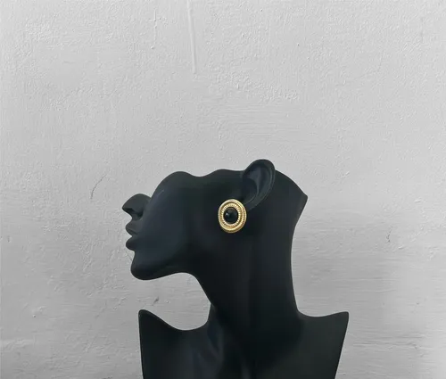 Round Gold with Black Stone Earrings