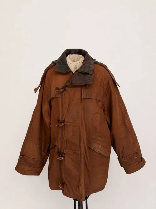 Brown Faux Leather Jacket with Pattered Hood Detail