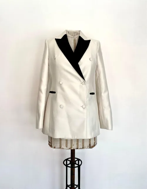 Double-breasted Ivory Silk Jacket with Black Shawl Lapel