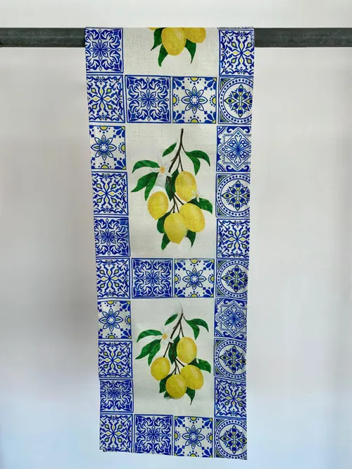 Italian Lemon with Blue Printed Table Cloth
