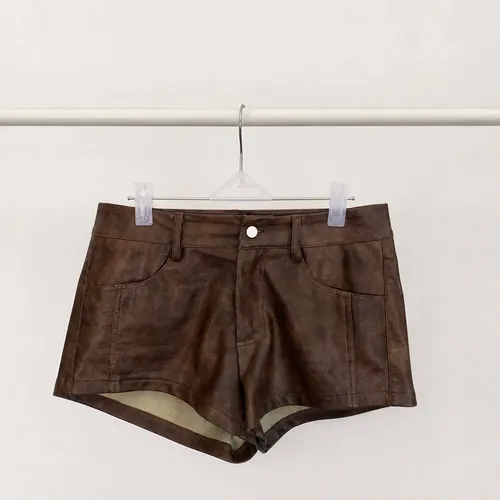 Brown Faux Leather Shorts with Front Pockets