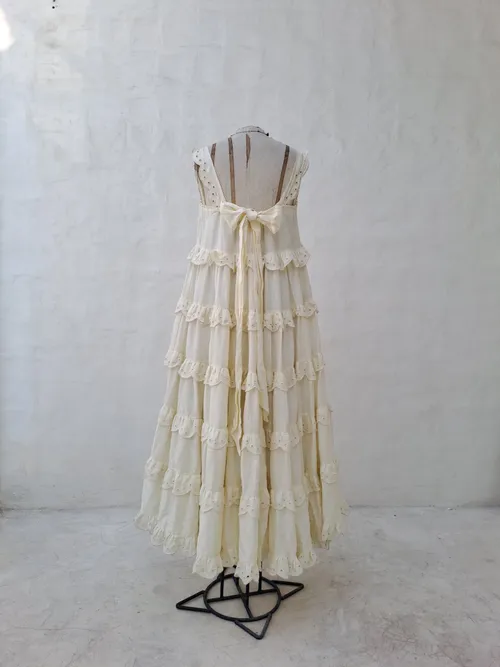 Innika Choo Pale Yellow Long Dress with Ruffles and Bow