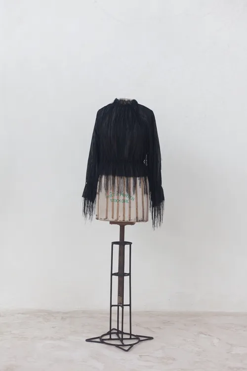  Black Top with Shredded Fabric Details