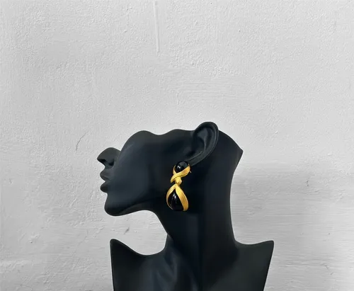 Black and Gold Double Stone Earrings