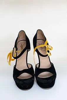 Velvet Black YSL Heels with Yellow Ribbon