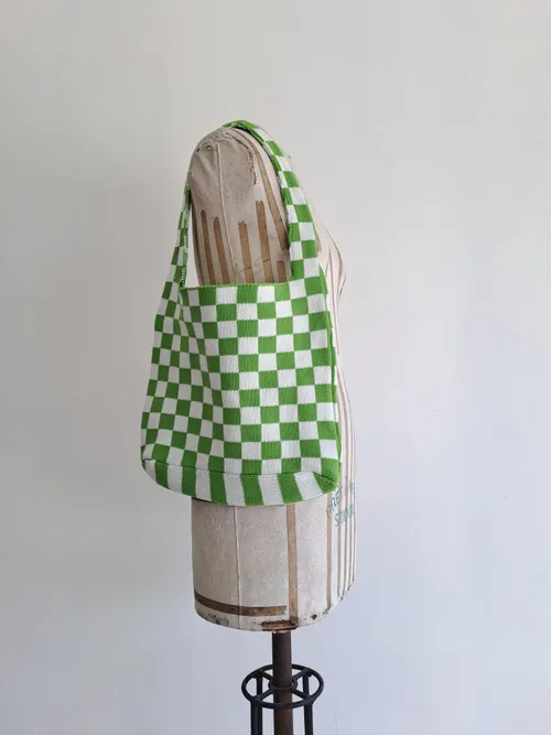 Green and White Chequered Knitted Shoulder Bag