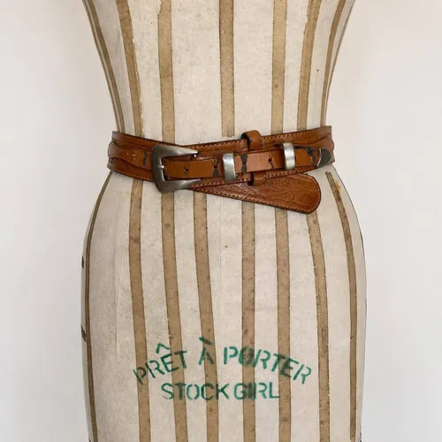 Brown Leather Belt with Double Silver Buckle