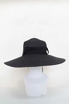 Black Straw Hat with Wide Brim and Black Band