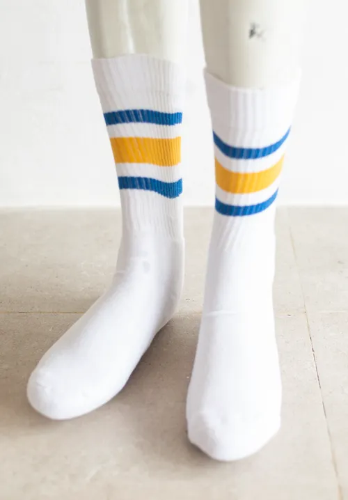 White Socks with Yellow and Blue Stripes