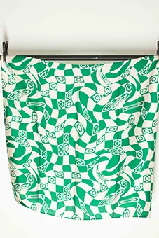 Green and White Chequered Scarf with Patterns