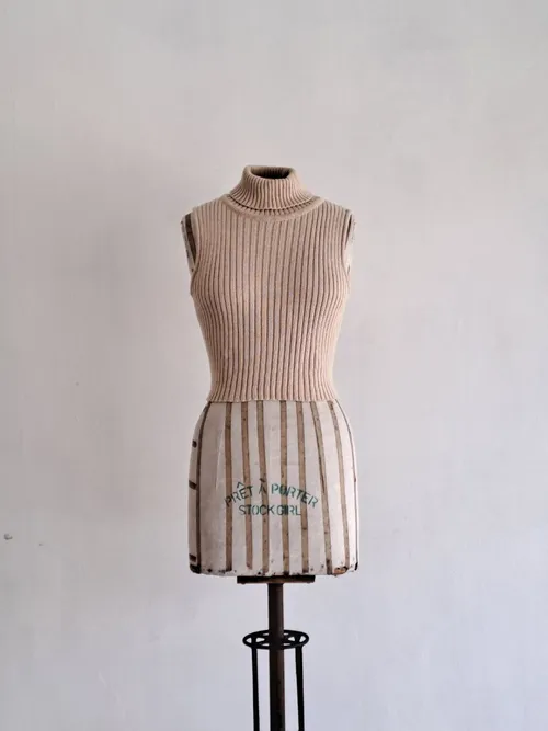 Beige Cropped Sleeveless Turtleneck