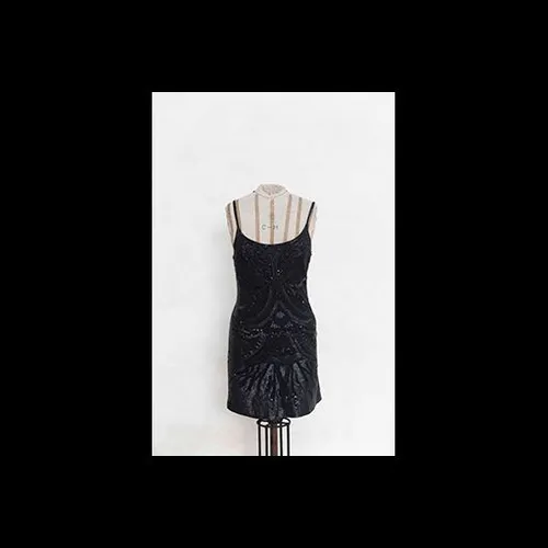 Black Slip Dress with Embroidered Lace and Floral Motif