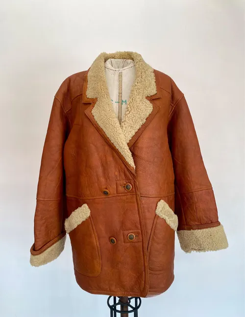 Vintage Men's Burnt Orange Leather Shearling Coat