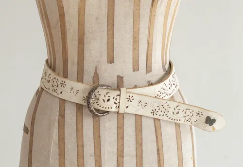 White Leather Belt with Floral Cutout Pattern