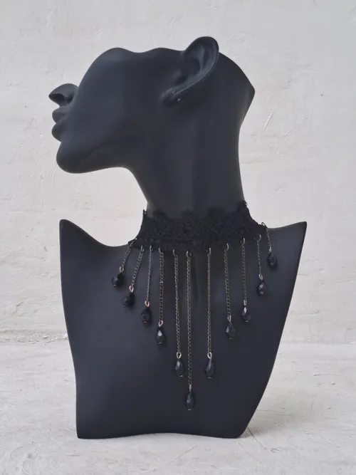 Black Victorian Lace Choker with Black Beaded Stone Pendant