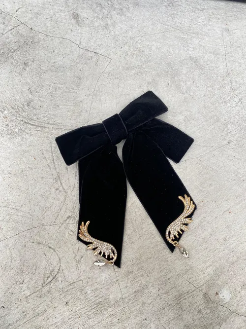 Black Velvet Bow Brooch with Diamonds Drop 