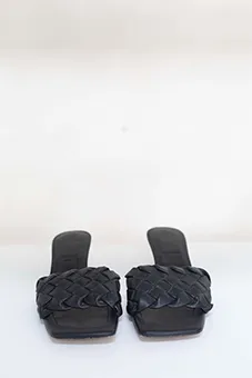 Black Braided Leather Low Stilettos