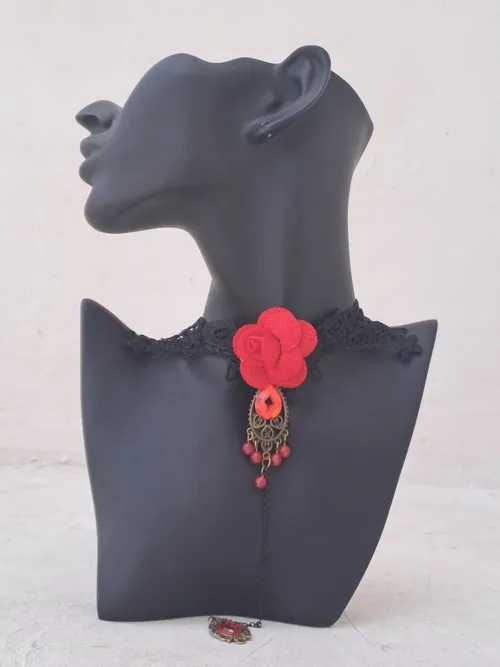 Black, Gold and Rose Victorian Lace Choker with Red Stone Pendant