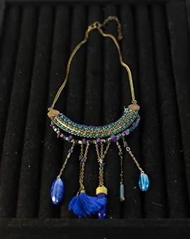 Blue and Gold Tassels and Charms Necklace