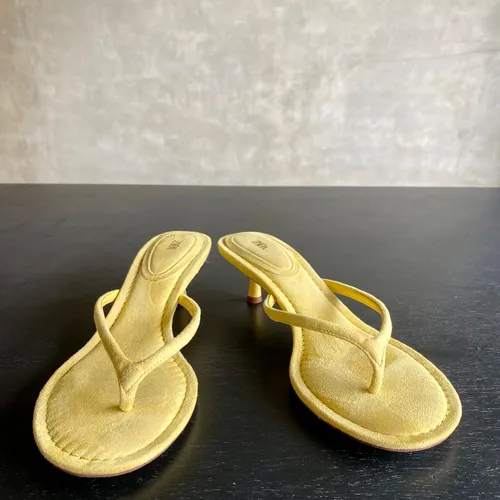 Suede Yellow Kitten Toe Thong Heels