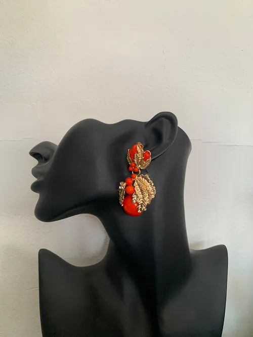 Orange and Gold Plant Shaped Earrings