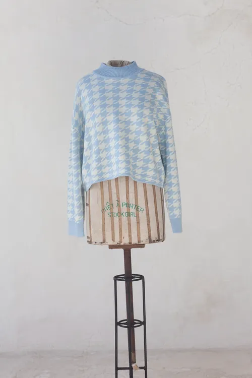 White and Blue Knitted Sweater with Pattern