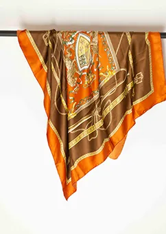 Red, Brown and Gold Printed Silk Scarf
